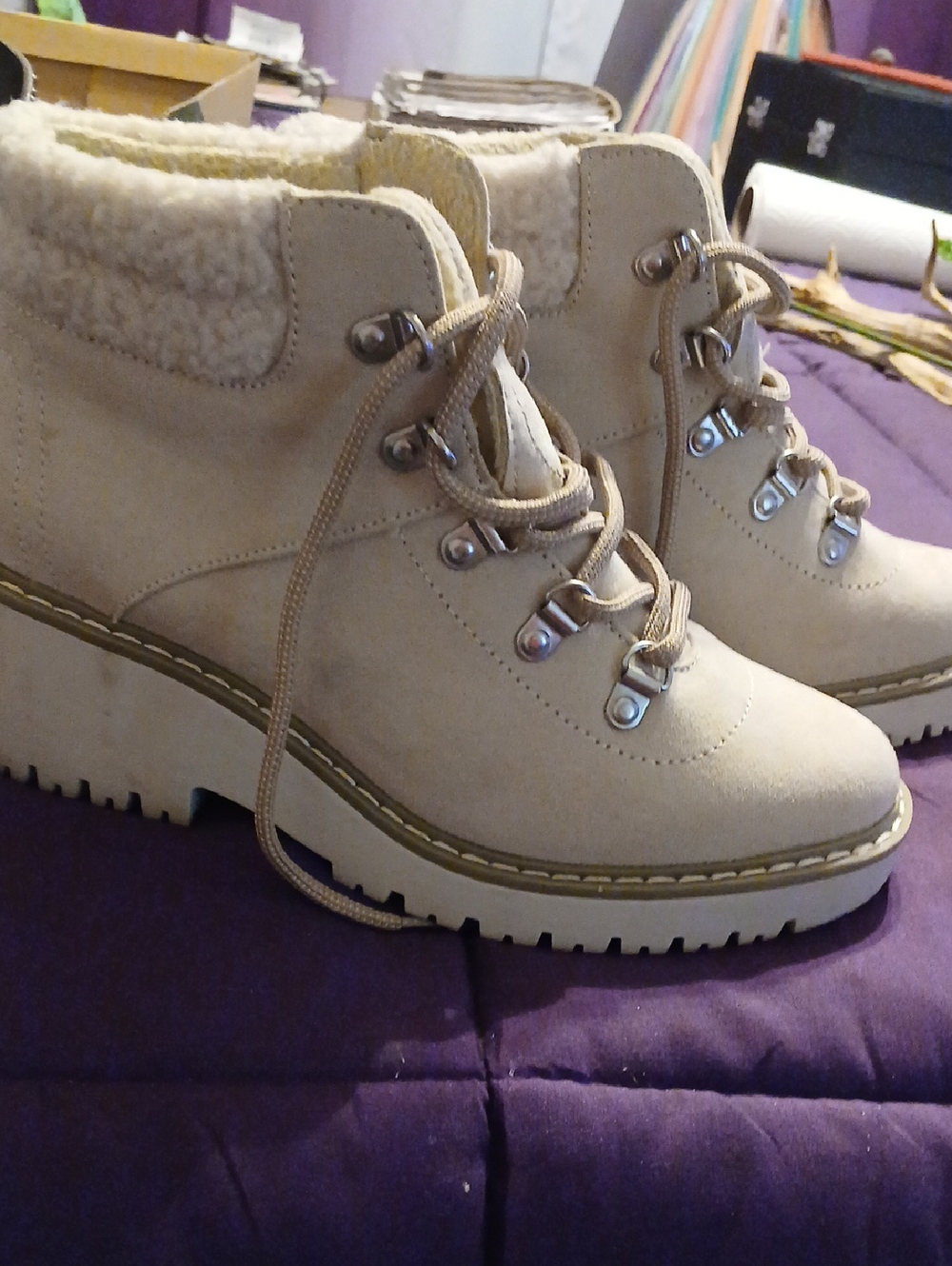 Sonoma Tan Lace-Up Faux-Shearling Ankle Boots